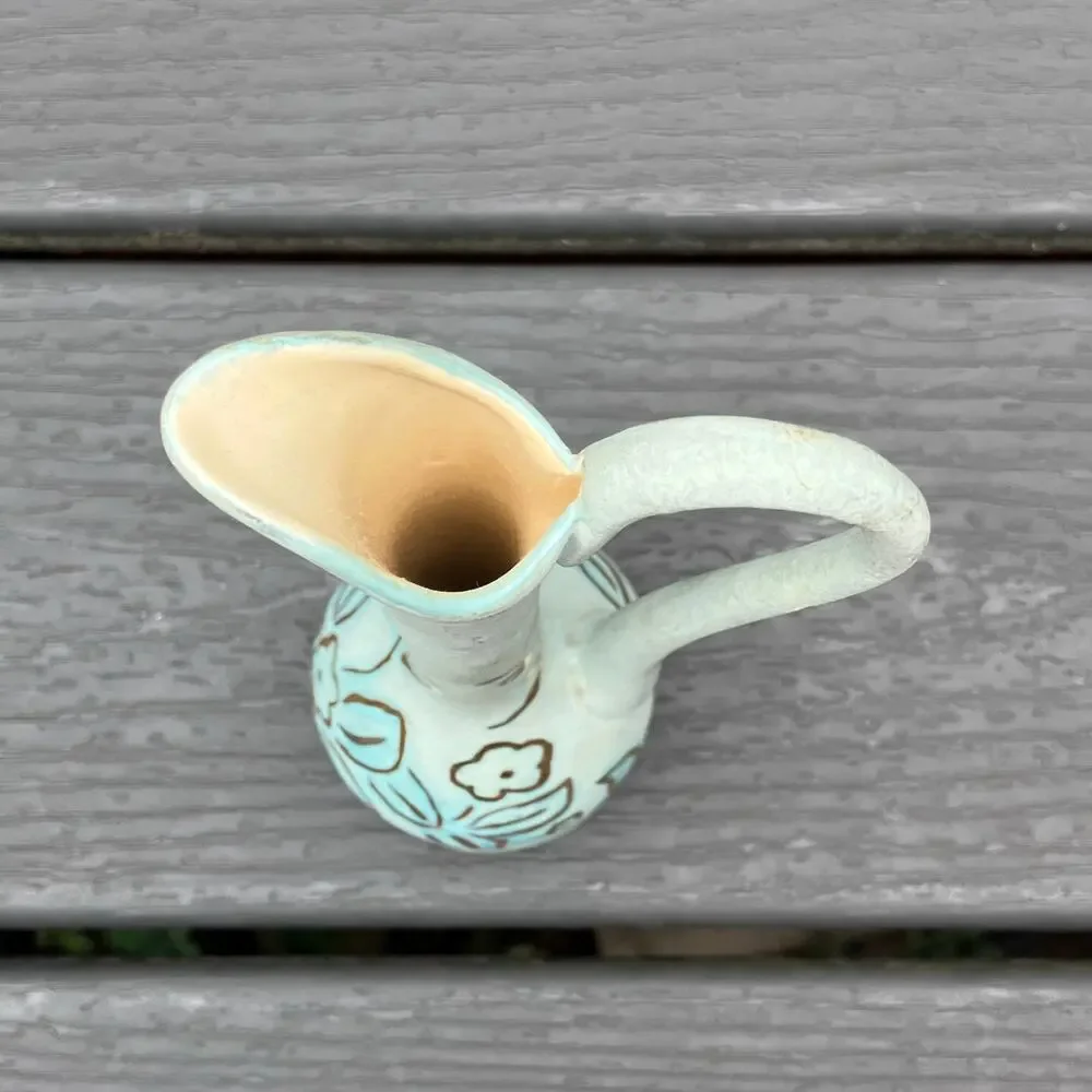 Vintage 1950s blue and metallic gold floral bud pitcher vase shabby chic cottage